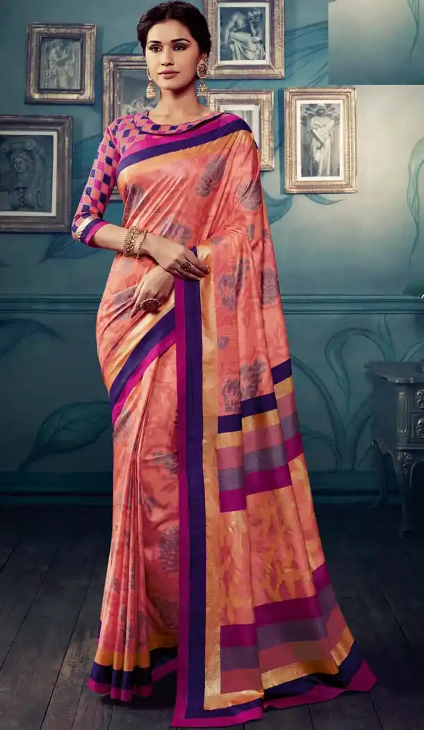Splendorous Peach Color Cotton Silk Casual Wear Printed Silk Saree -653881713