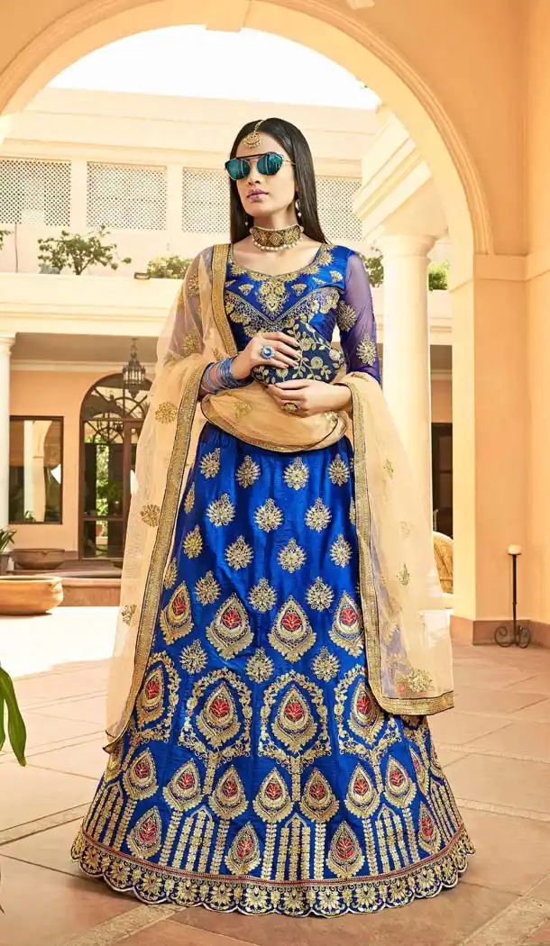 Blue Color Silk Traditional Party Wear Plus Size Lehenega Choli -657882244