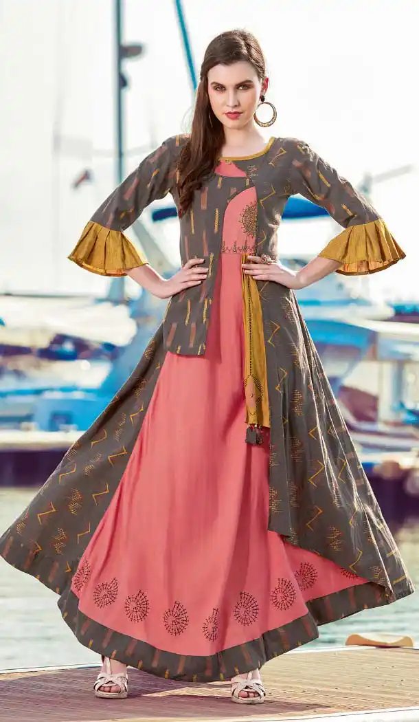 Charming Grey Color Cotton Designer Readymade Long Kurtis -472266088