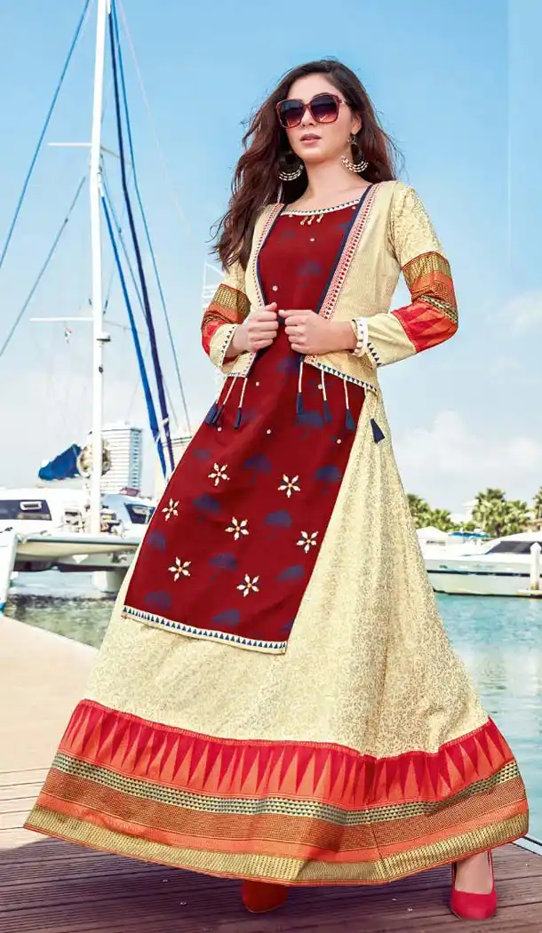 Fancy Maroon Color Cotton Designer Readymade Long Kurtis -472266091