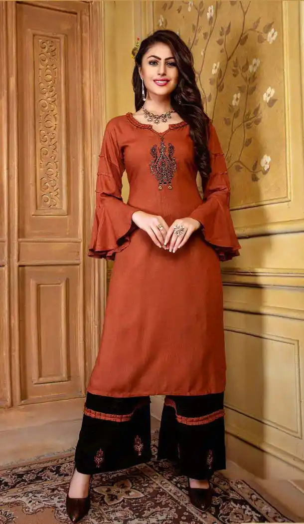 Orange Color Rayon Party Readymade Long Kurtis With Palazzo -472866131