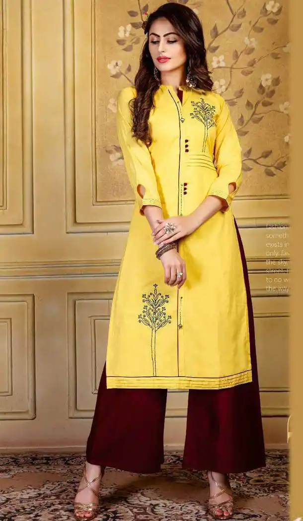 Fancy Yellow Color Rayon Party Readymade Long Kurtis With Palazzo -472866133