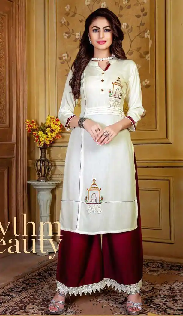 Off White Color Rayon Party Readymade Long Kurtis With Palazzo -472866135
