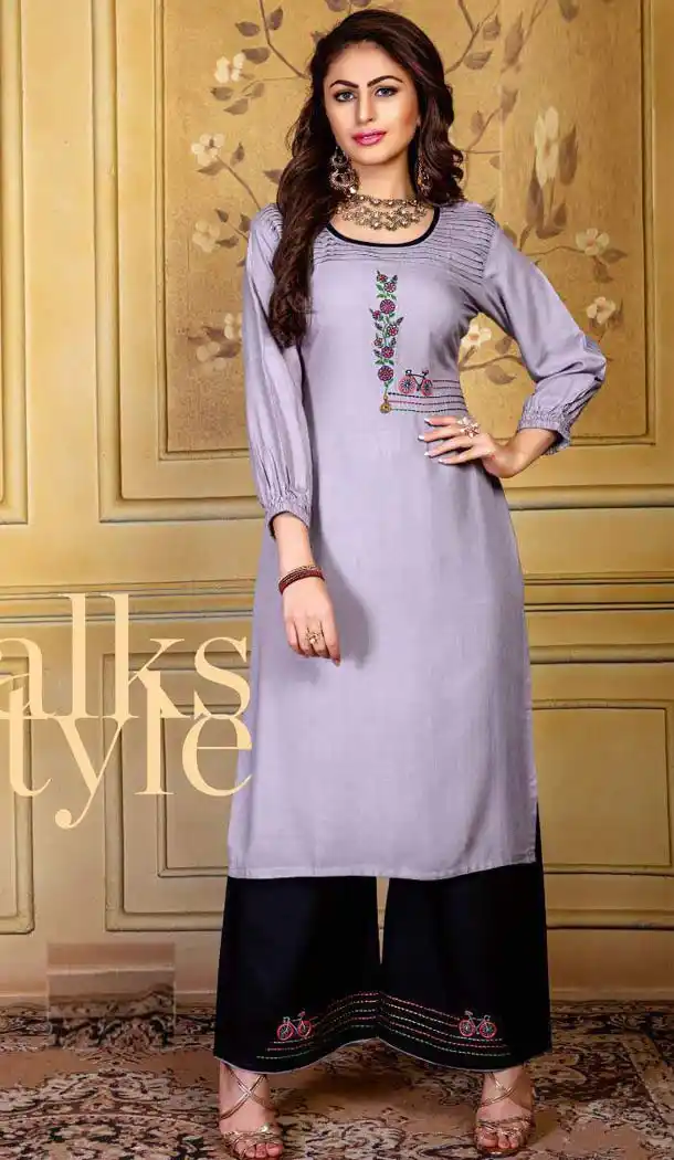 Light Grey Color Rayon Party Readymade Long Kurtis With Palazzo -472866136