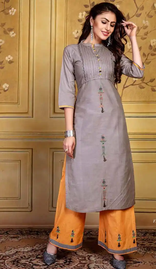 Beige Color Rayon Party Readymade Long Kurtis With Palazzo -472866138