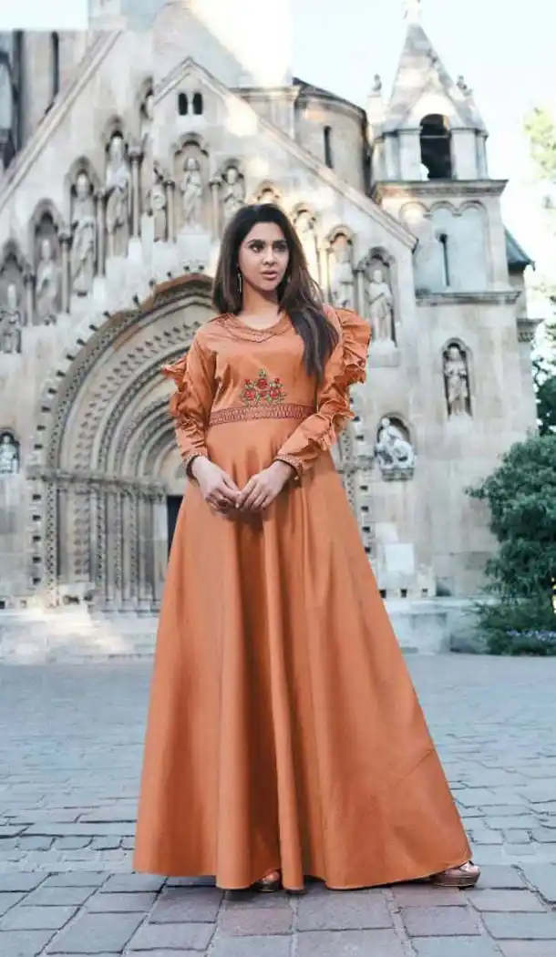 Dazzling Orange Color Reyon Silk Designer Long Readymade Kurti -473066143