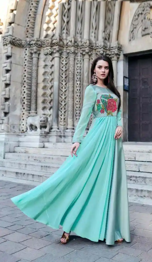 Sky Blue Color Reyon Silk Designer Long Readymade Kurti -473066144
