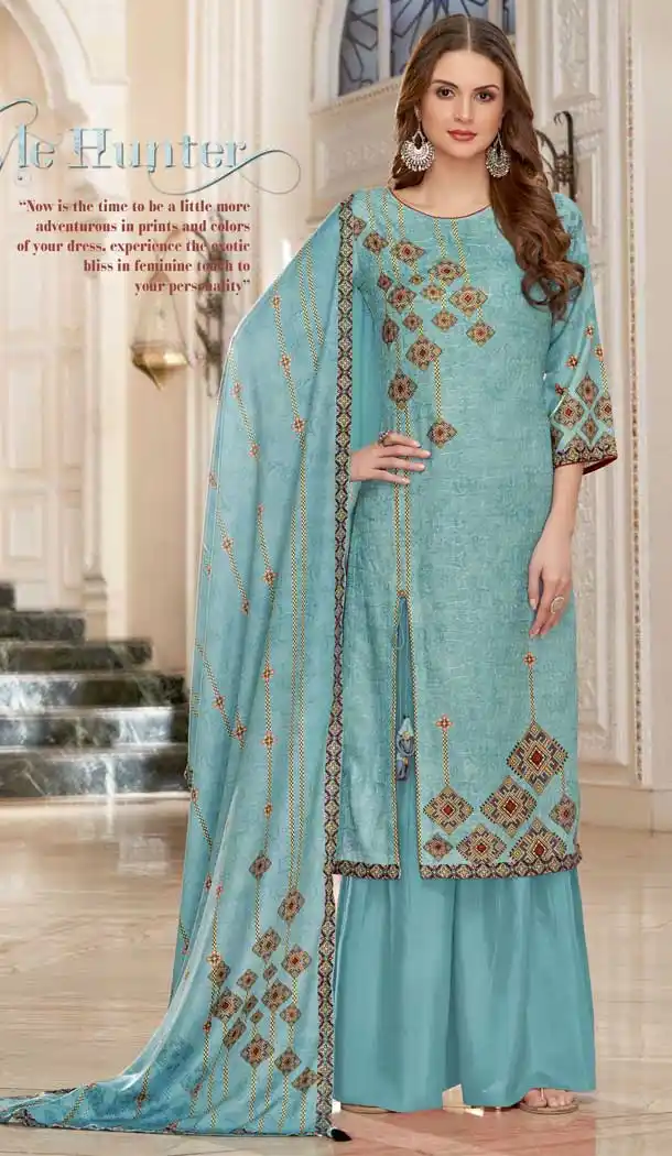 Sea Blue Color Wool Pashmina Winter Wear Casual Salwar Kameez -660682741