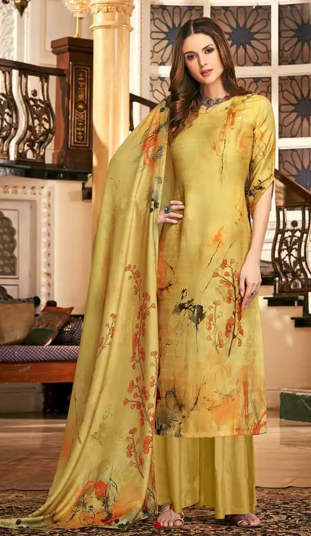 Fancy Yellow Color Wool Pashmina Winter Wear Casual Palazzo Suit -660782745