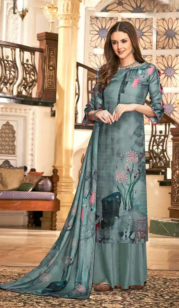 Steel Green Color Wool Pashmina Winter Wear Casual Palazzo Suit -660782746