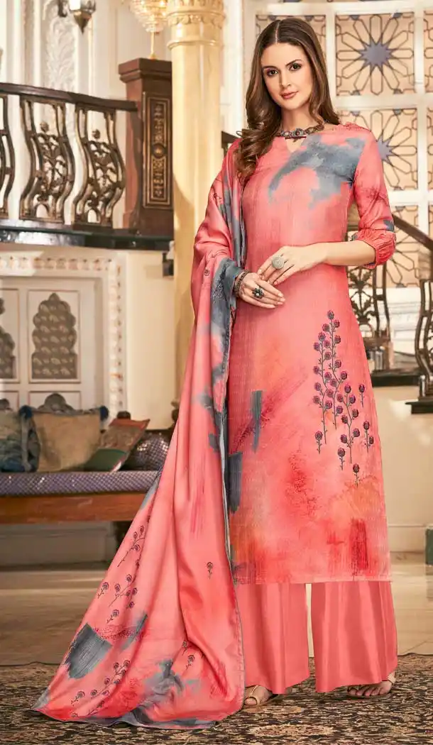 Plushy Coral Color Wool Pashmina Winter Wear Casual Palazzo Suit -660782747