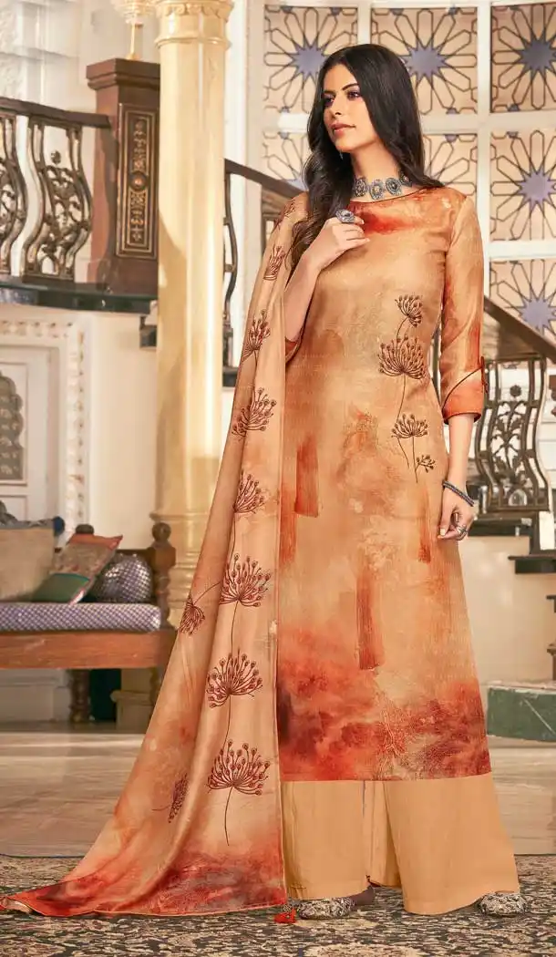 Peach Coral Color Wool Pashmina Winter Wear Casual Palazzo Suit -660782748