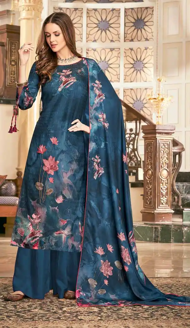 Alluring Teal Blue Color Wool Pashmina Winter Wear Casual Palazzo Suit -660782749