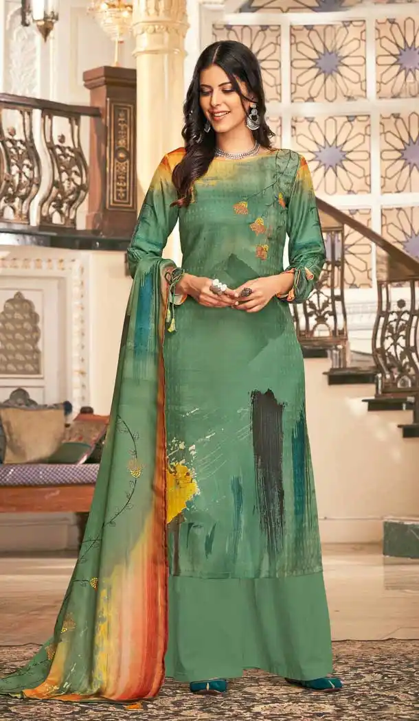 Scintillating Green Color Wool Pashmina Winter Wear Casual Palazzo Suit -660782750