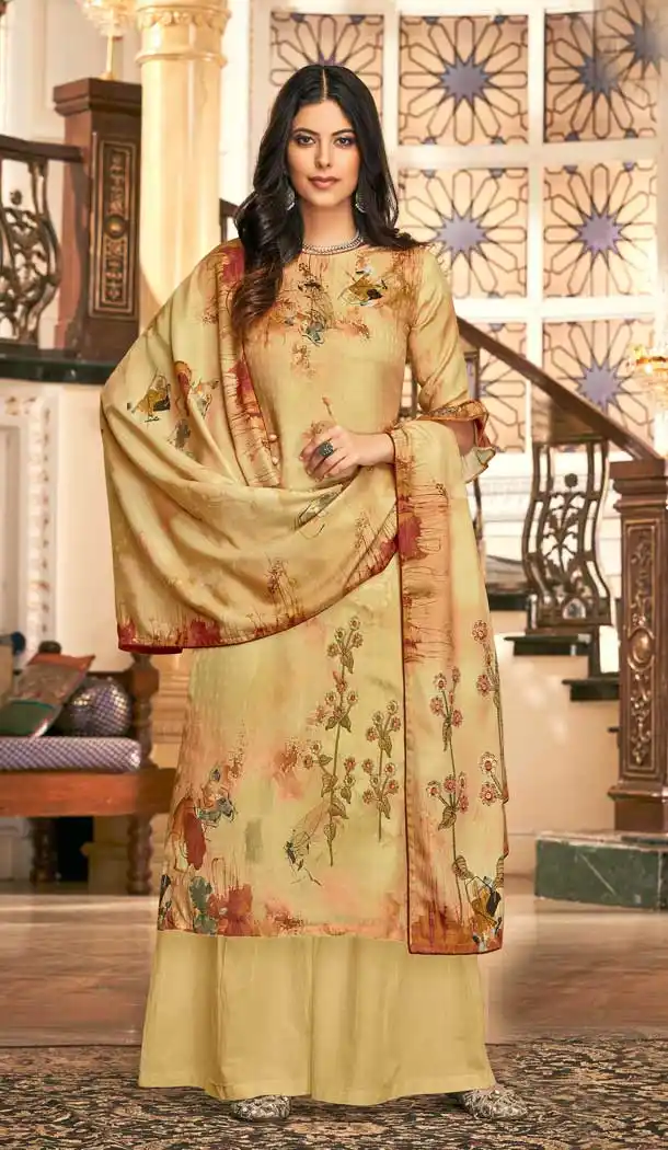 Vivacious Cream Color Wool Pashmina Winter Wear Casual Palazzo Suit -660782752