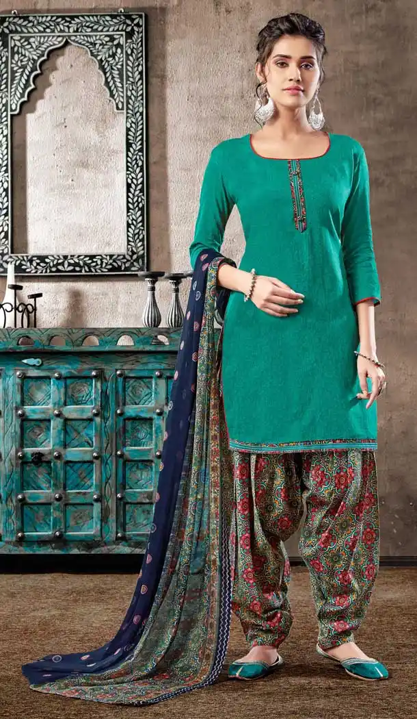 Green Color Pure Zam Cotton Casual Wear Punjabi Patiala Suit -660982761