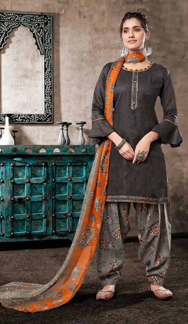 Dark Grey Color Pure Zam Cotton Casual Wear Punjabi Patiala Suit -660982764