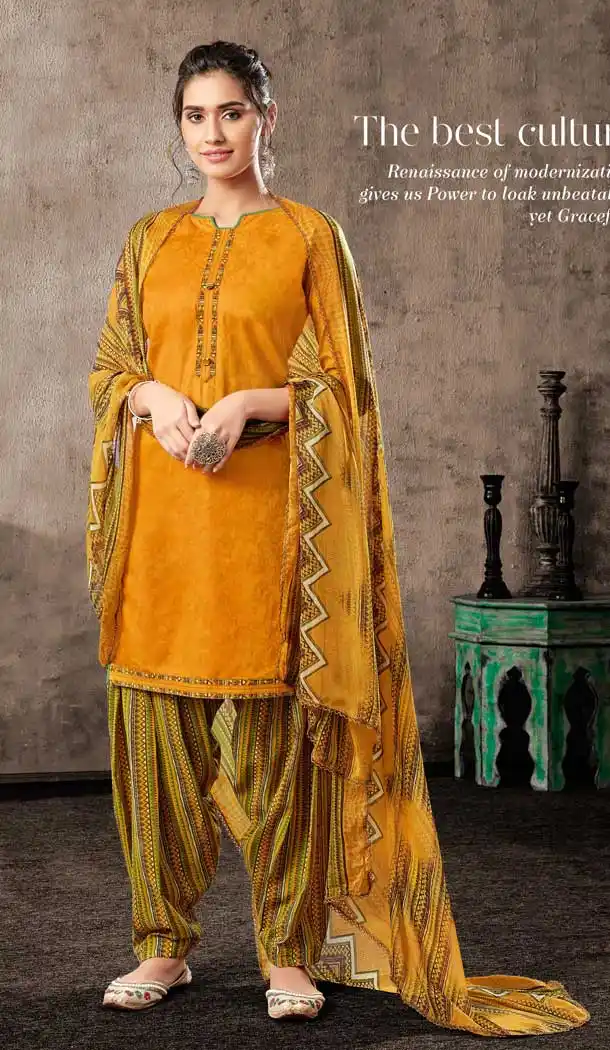 Yellow Color Pure Zam Cotton Casual Wear Punjabi Patiala Suit -660982765