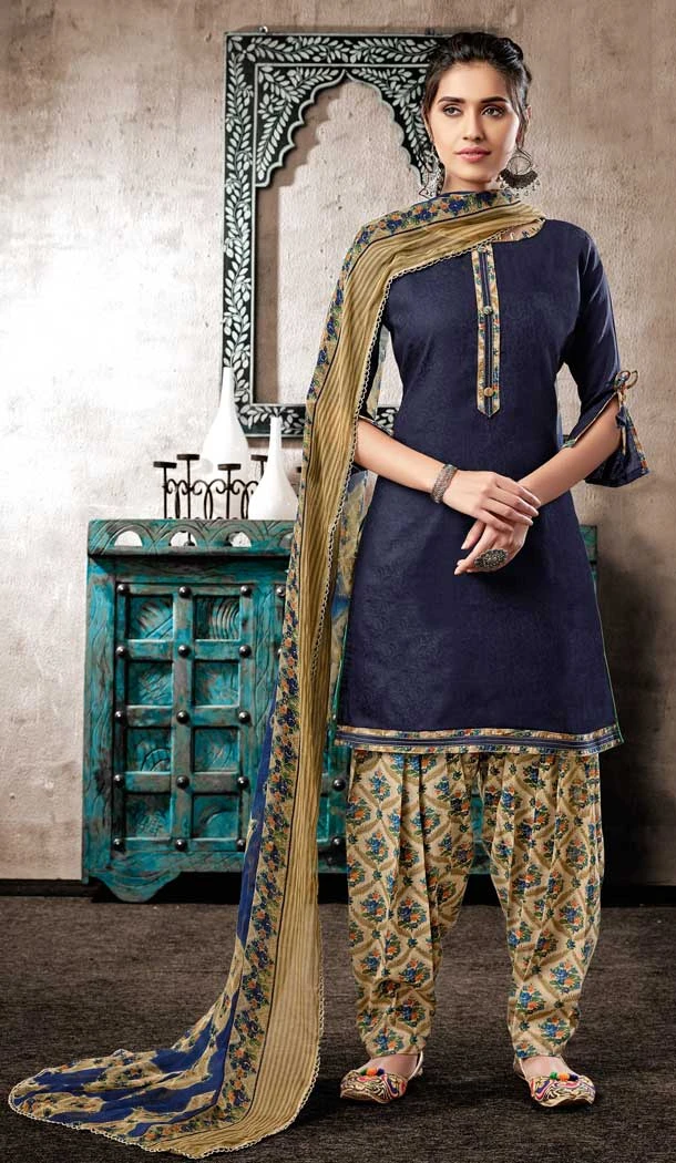 Navy Blue Color Pure Zam Cotton Casual Wear Punjabi Patiala Suit -660982769