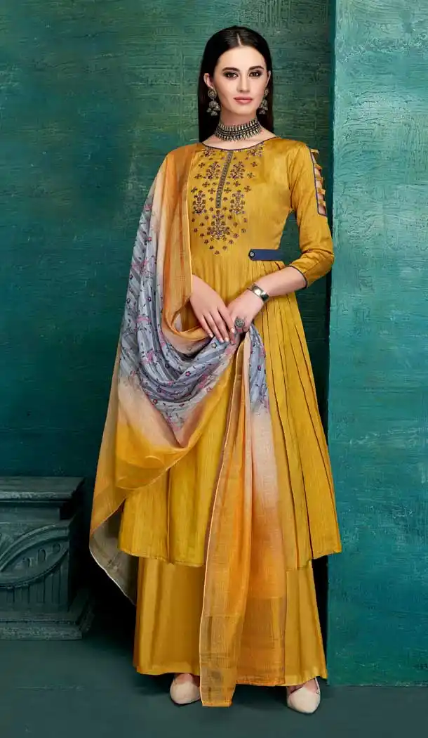 Yellow Color Pure Zam Satin Casual Office Wear Palazzo Suit -661182782