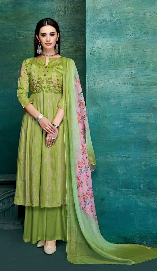 Green Color Pure Zam Satin Casual Office Wear Palazzo Suit -661182783