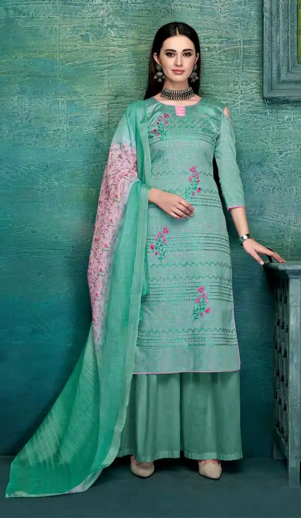 Chic Green Color Pure Zam Satin Casual Office Wear Palazzo Suit -661182786