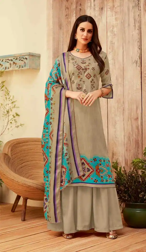 Beige Color Wool Pashmina Casual Office Wear Palazzo Suit -661382797