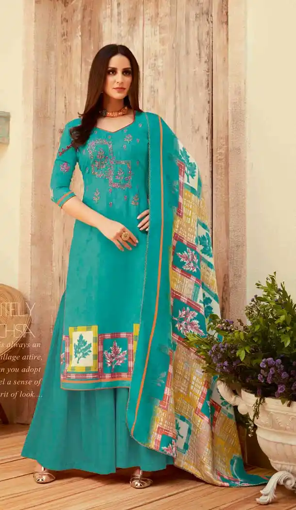 Sea Green Color Wool Pashmina Casual Office Wear Palazzo Suit -661382800