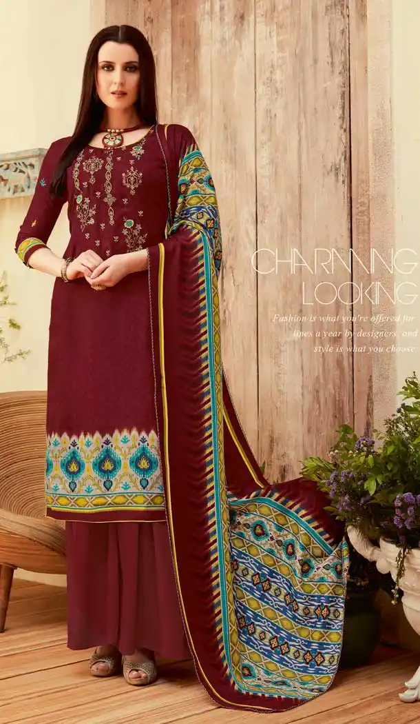 Maroon Color Wool Pashmina Casual Office Wear Palazzo Suit -661382803