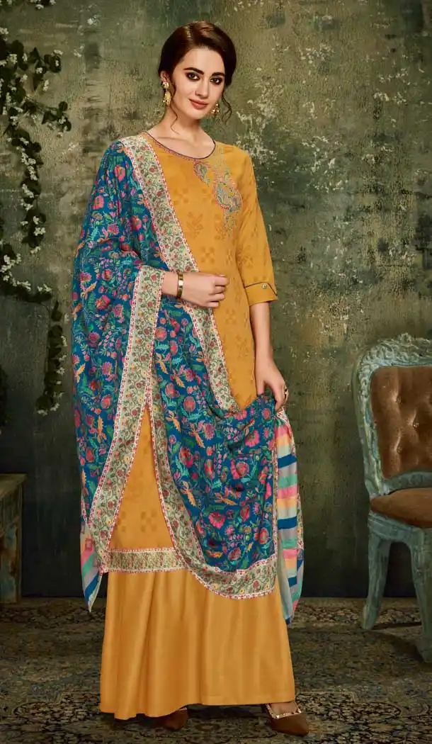 Alluring Yellow Color Wool Pashmina Office Wear Palazzo Suit -661482804