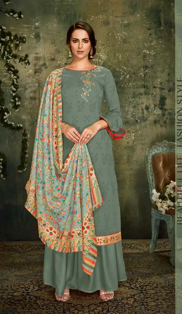 Khaki Color Wool Pashmina Office Wear Palazzo Suit -661482806