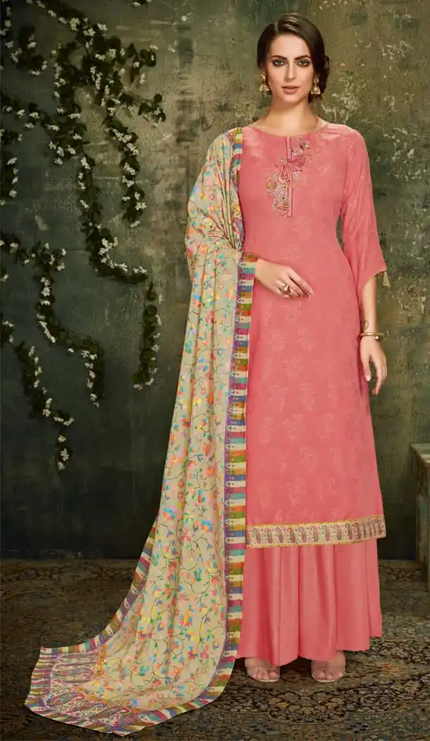 Magnificence Peach Color Wool Pashmina Office Wear Palazzo Suit -661482808
