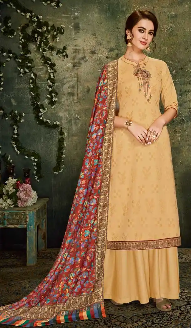 Flamboyant Cream Color Wool Pashmina Office Wear Palazzo Suit -661482810