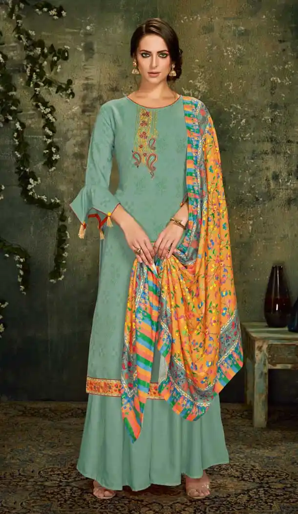 Fascinating Sea Green Color Wool Pashmina Office Wear Palazzo Suit -661482811