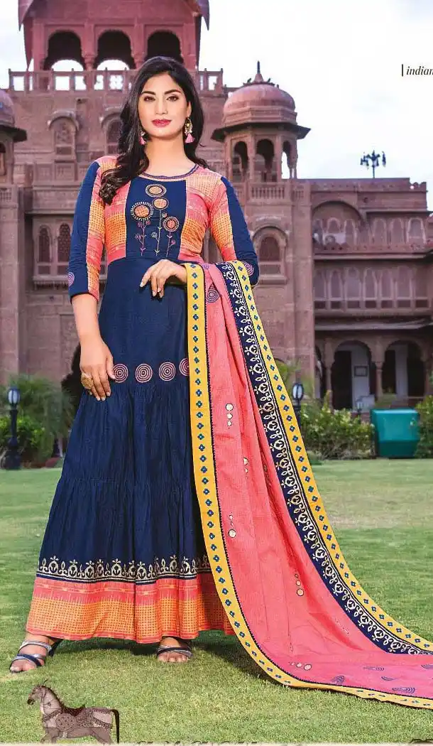 Gorgeous Navy Blue Color Lawn Cotton Designer Logn Readymade Kurti -473866198