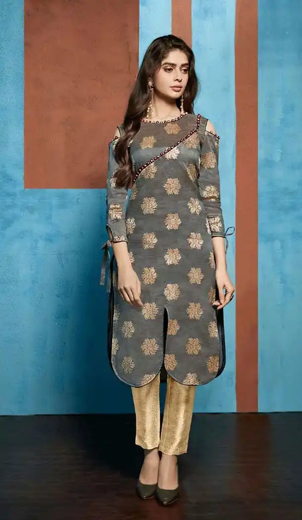 Charming Grey Color Jacquard Casual Party Wear Readymade Kurti -474166221