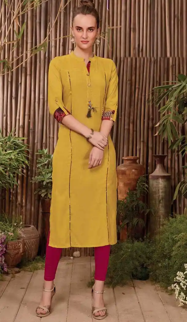 Rayon Yellow Color Casual Office Wear Readymade Kurti -474266222