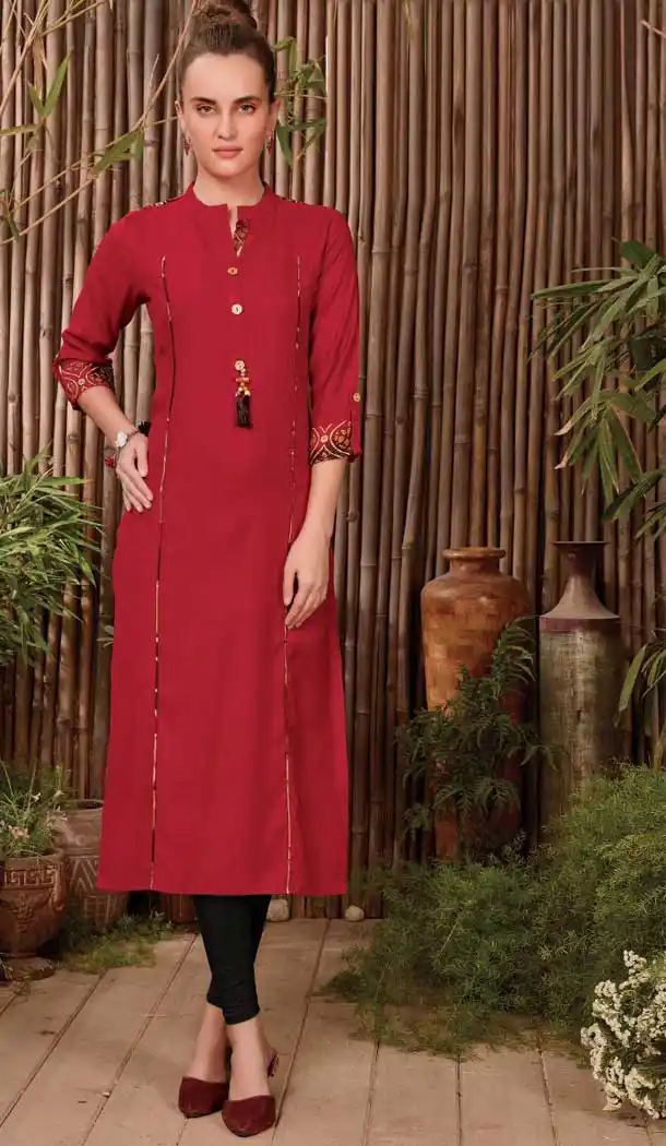 Scintillating Rayon Red Color Casual Office Wear Readymade Kurti -474266225