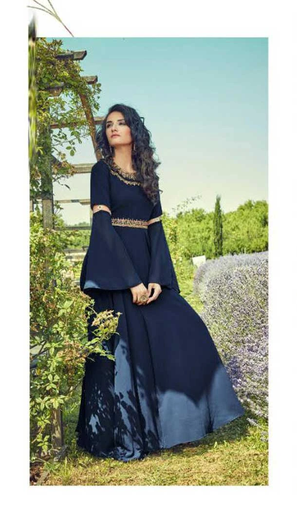 Exquisite Georgette Navy Blue Color Designer Long Readymade Kurti -474366234