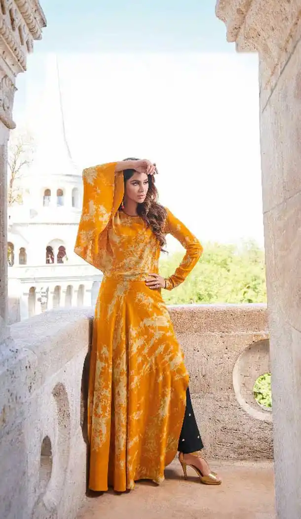 Chic Yellow Color Rayon Party Wear Long Readymade Kurti -474566243
