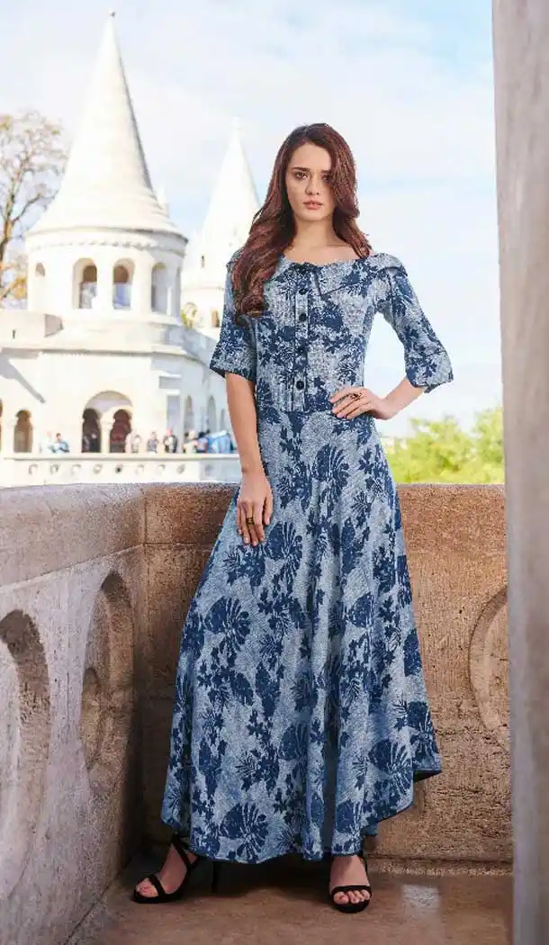 Charming Blue Color Rayon Party Wear Long Readymade Kurti -474566244