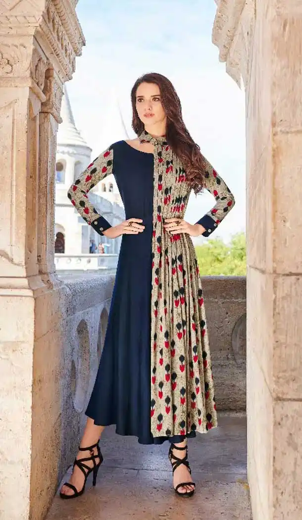 Charming Navy Blue Color Rayon Party Wear Long Readymade Kurti -474566246
