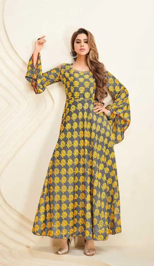 Ethnic Yellow Color Heavy Cotton Party Wear Long Readymade Kurti -475266314