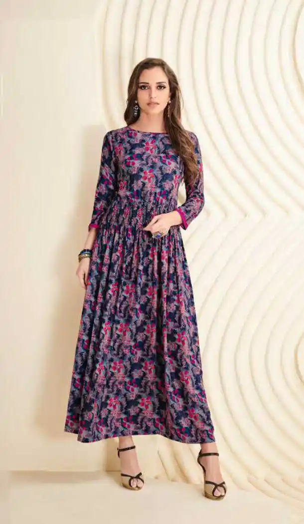 Blue Black Color Heavy Cotton Party Wear Long Readymade Kurti -475266318
