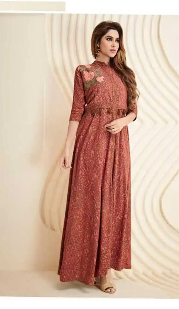 Dark Maroon Color Heavy Cotton Party Wear Long Readymade Kurti -475266320