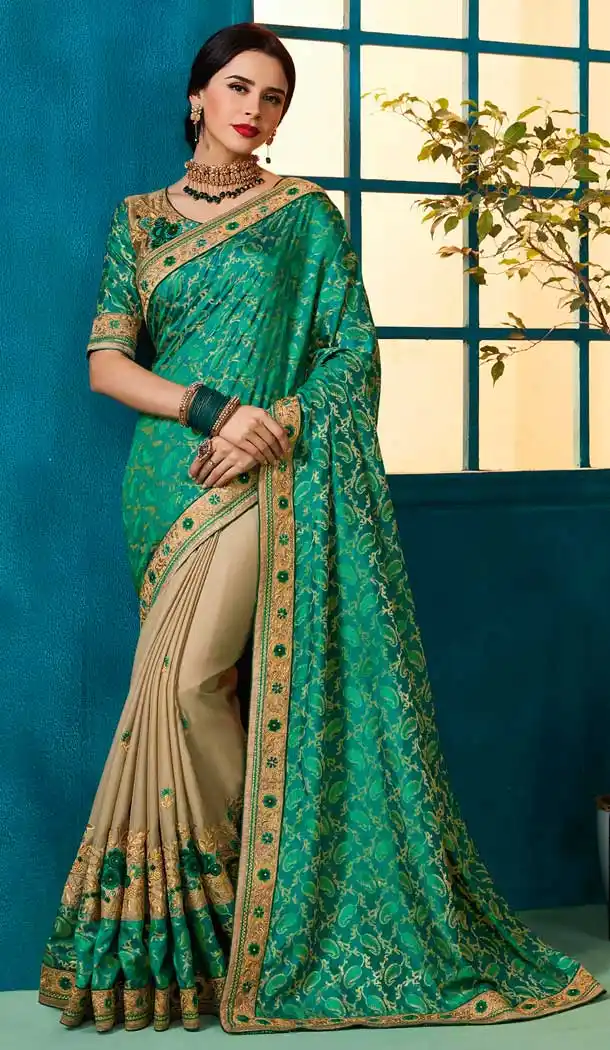Green Beige Color Jacquard Silk Party Wear Saree -658782339