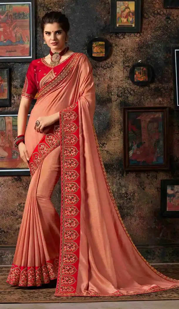 Exquisite Peach Color Fancy Dola Silk Traditional Saree -658982378
