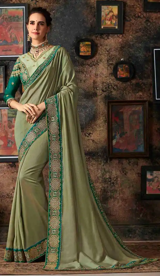 Ethnic Pista Color Vichitra Silk Traditional Wear Saree