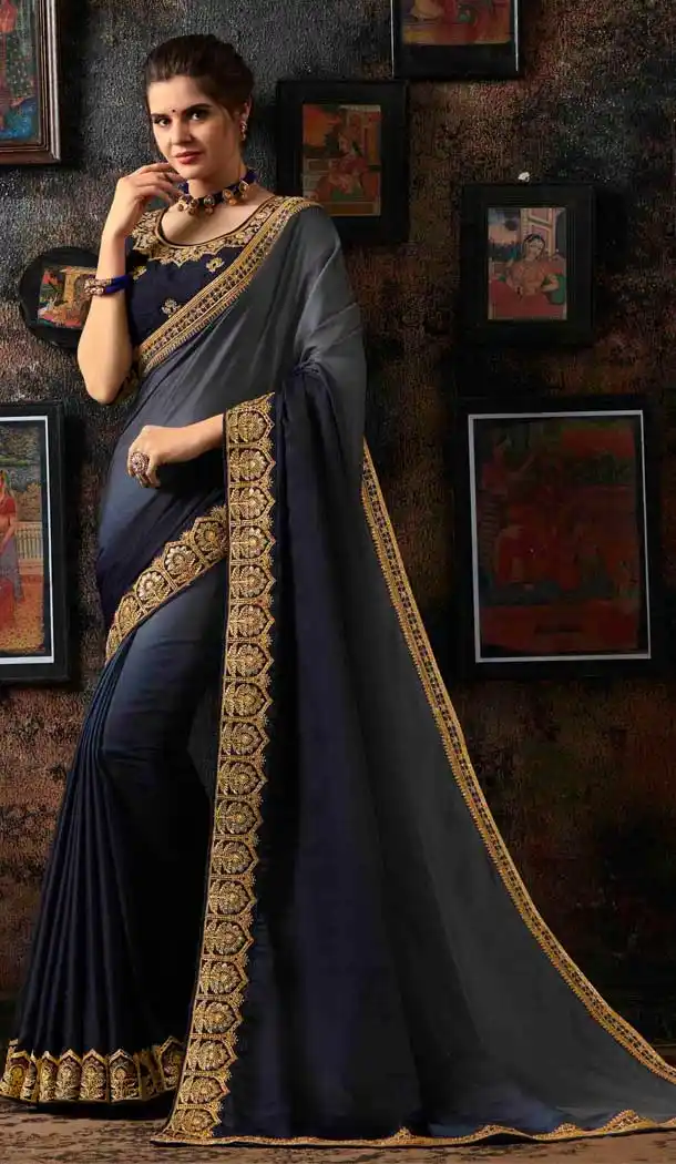 Grey Blue Color Georgette Silk Traditional Wear Saree -658982384