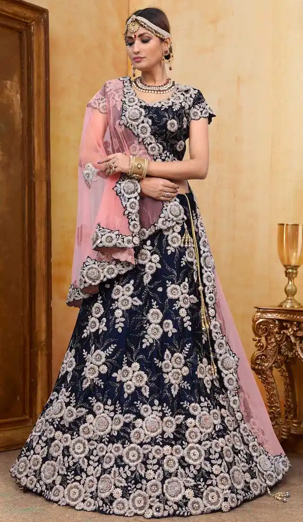 Navy Blue Color Velvet Designer Bridal Wedding Lehenga Choli -70521035